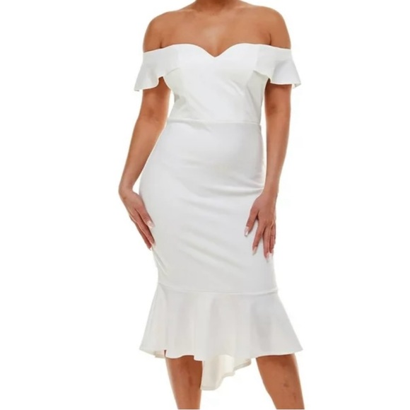 Off the shoulder Emerald Sundae midi dress in a ivory color. - Picture 7 of 8
